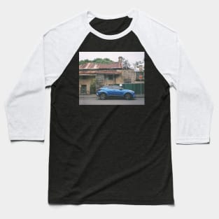 Timeless Sydney Charm: Modern Blue Car and Historic Sandstone House Baseball T-Shirt